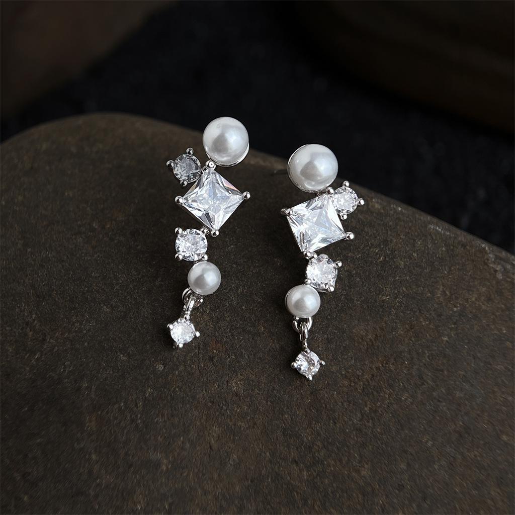 Gold-Plated French Pearl Tassel Earrings with Geometric Zircon Design for Women