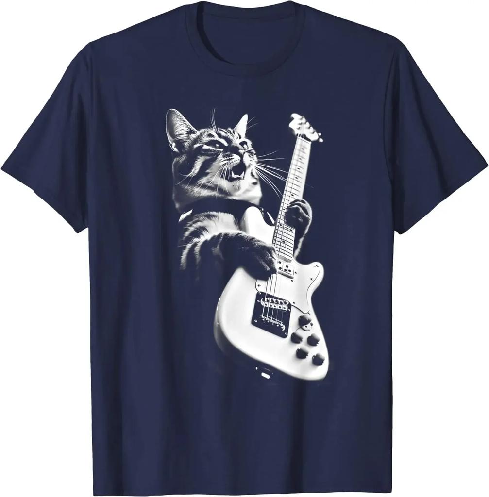 Футболка Rock Cat Playing Guitar Funny Guitar Cat Men T-Shirt Hiphop Oversize T Shirt Casual Cotton Daily Four Seasons Streetwear Tees