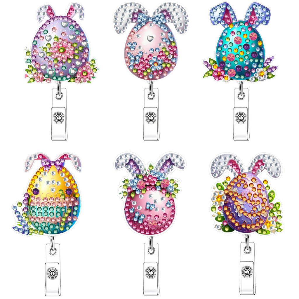 6Pcs DIY Diamond Painting ID Holder Retractable Decorative Work Badge Holder Sparkly Gem Art Name Tag for School Hospital Doctor