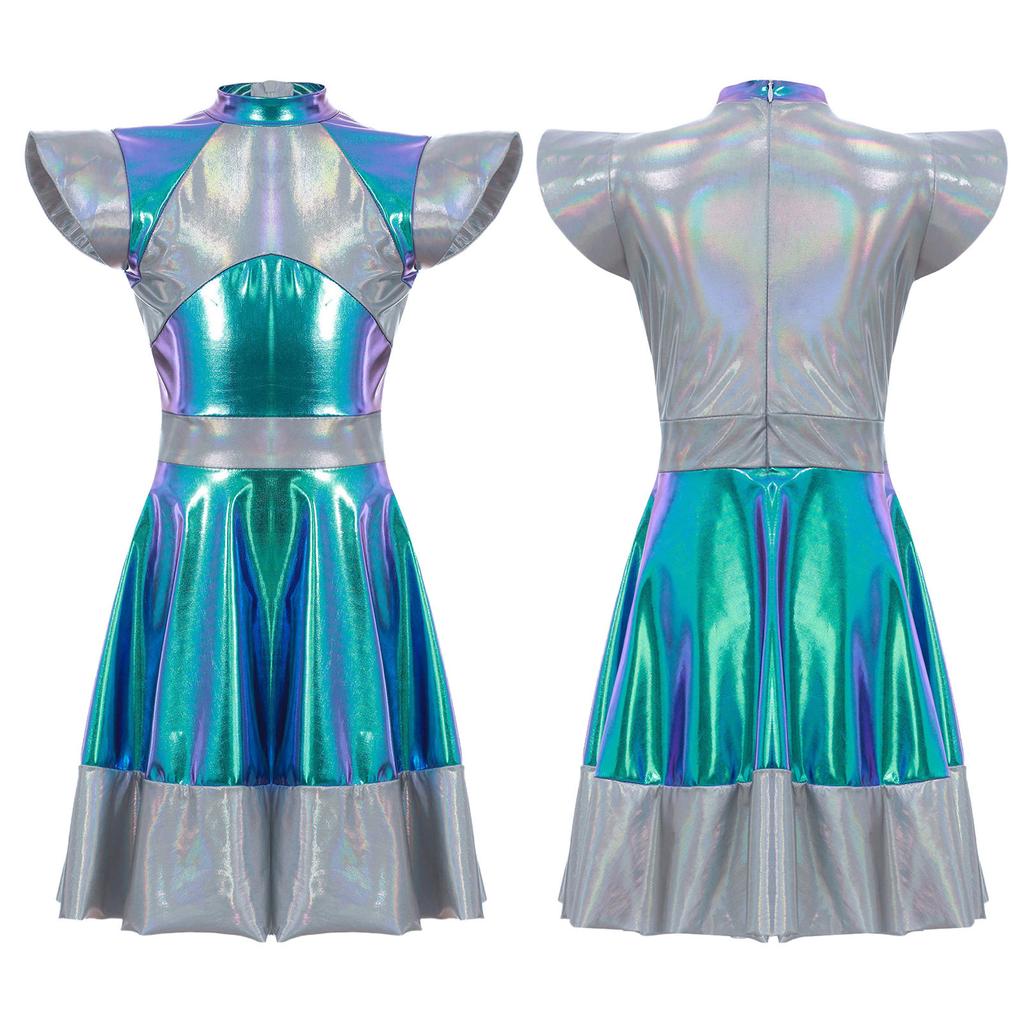 Girls Halloween Alien Cosplay Costume Glossy Outer Space Cutie Costume Roly Play Dress Fancy Dress Up Theme Party Performance