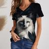 Summer Women's V-neck T-shirt Outdoor Casual Cat Three-dimensional Printing Short-sleeved Women's Clothing