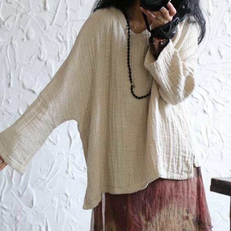 Johnature Женские льняные футболки с v-образным вырезом и длинным рукавом, простые однотонные свободные футболки, весенние удобные мягкие винтажные футболки