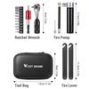 В комплект для ремонта велосипеда входят трещоточный ключ из алюминиевого сплава, биты, монтировка для шин, шинный насос для велосипеда