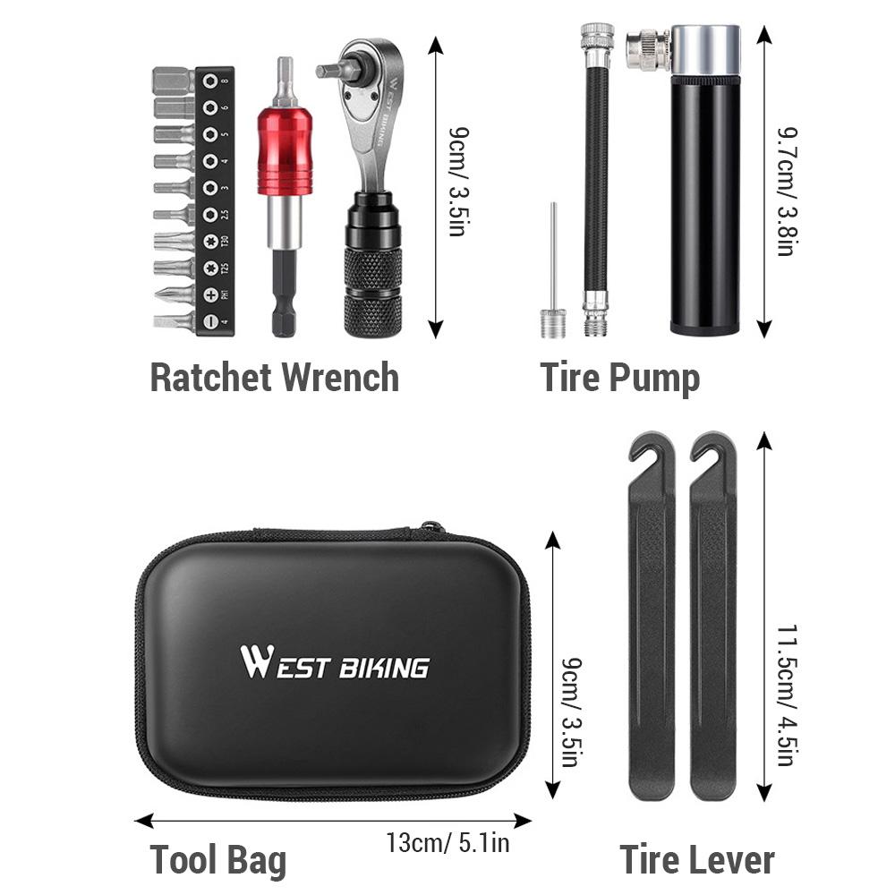В комплект для ремонта велосипеда входят трещоточный ключ из алюминиевого сплава, биты, монтировка для шин, шинный насос для велосипеда