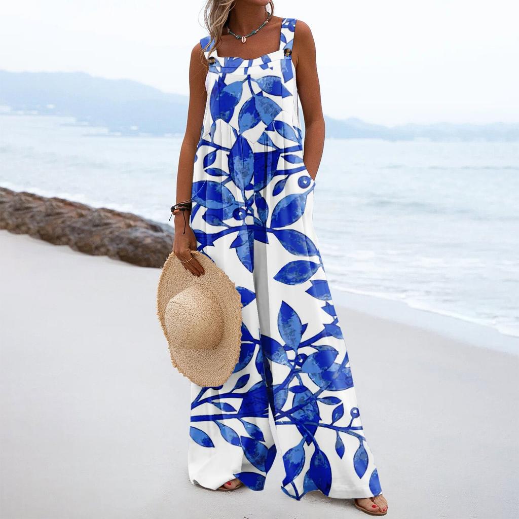 Женские комбинезоны, повседневные комбинезоны с широкими штанинами и принтом, комбинезоны без рукавов с карманами, наряды