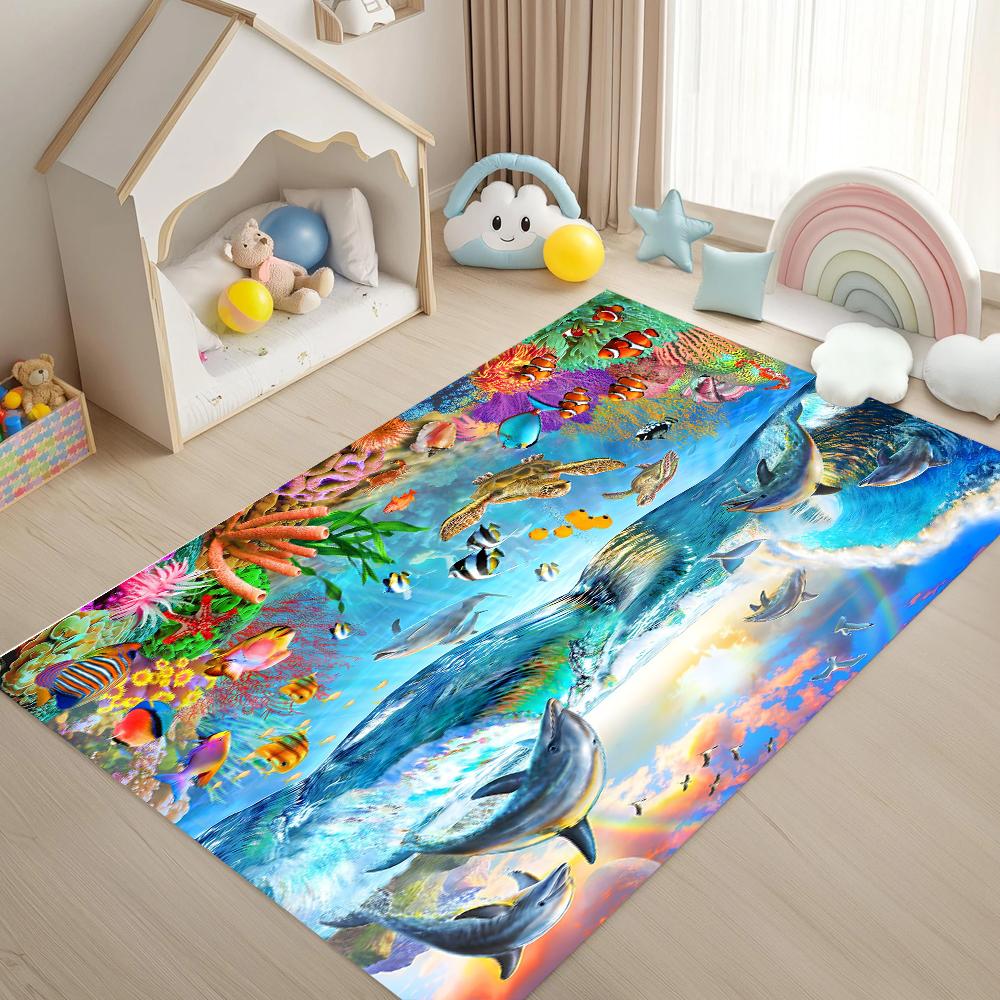 Underwater Fish School Printed Carpet Whale Dolphin Print Entrance Doormat Living Room Carpet Bedroom Non Slip Soft Floor Mat