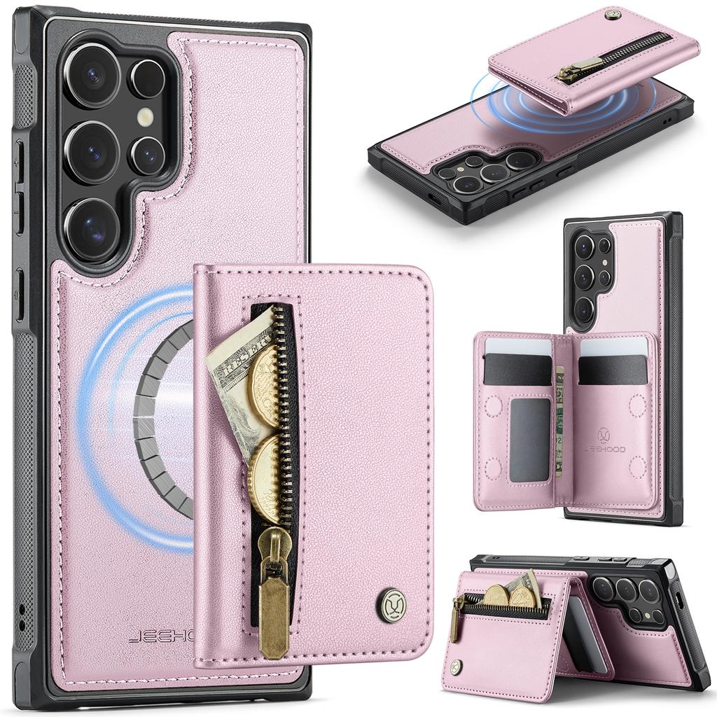 For Samsung Galaxy S26 Ultra Case JEEHOOD J12 Magnetic Detachable Zipper Wallet Kickstand Leather Back Cover Compatible with MagSafe