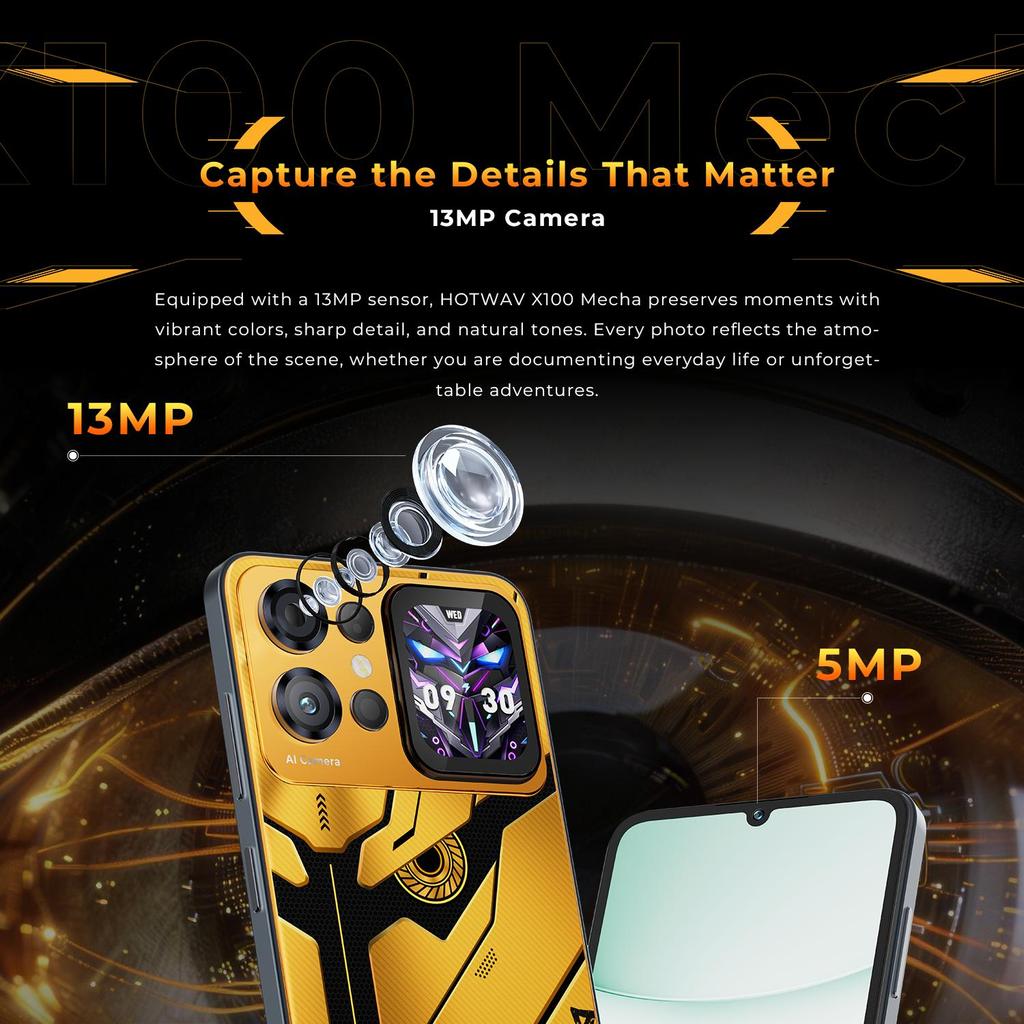 HOTWAV 4G-смартфон X100 Mecha, 6,75" FHD+, 16 ГБ + 128 ГБ, Android 16, Тонкий и легкий корпус, Второй экран, Две SIM-карты, Разблокировка по лицу/отпечатку пальца