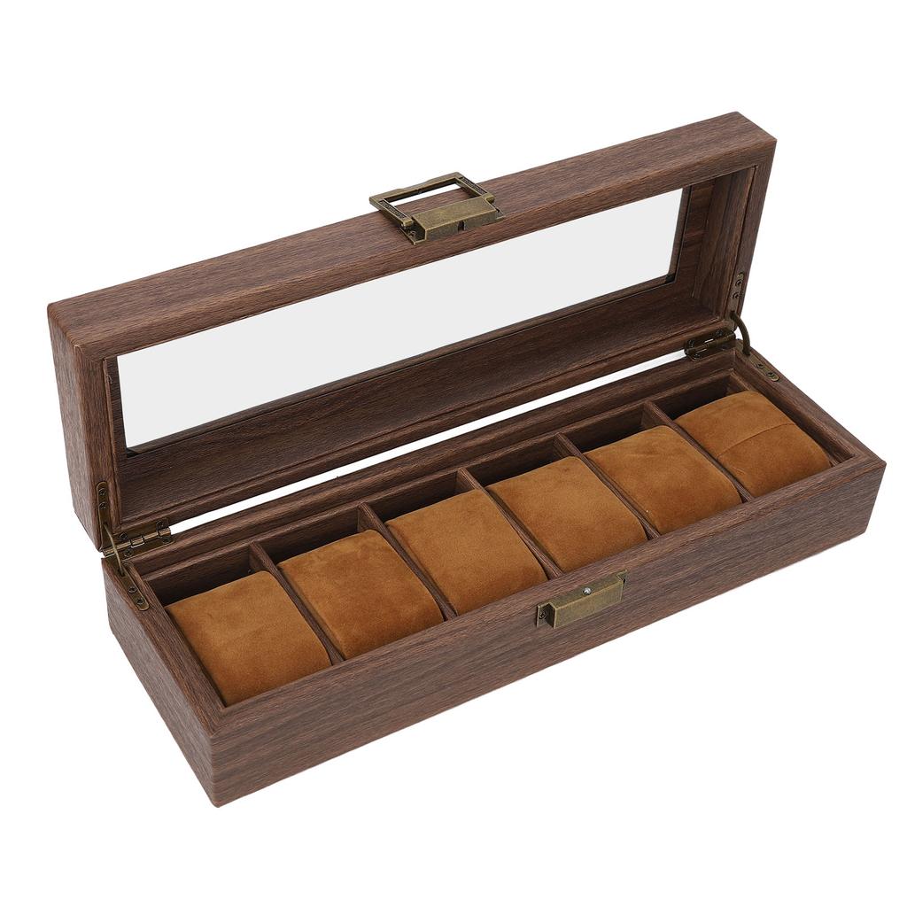 6 Slot Watch Storage Display Box Wood Grain PU Leather Lockable Wristwatch Protective Box