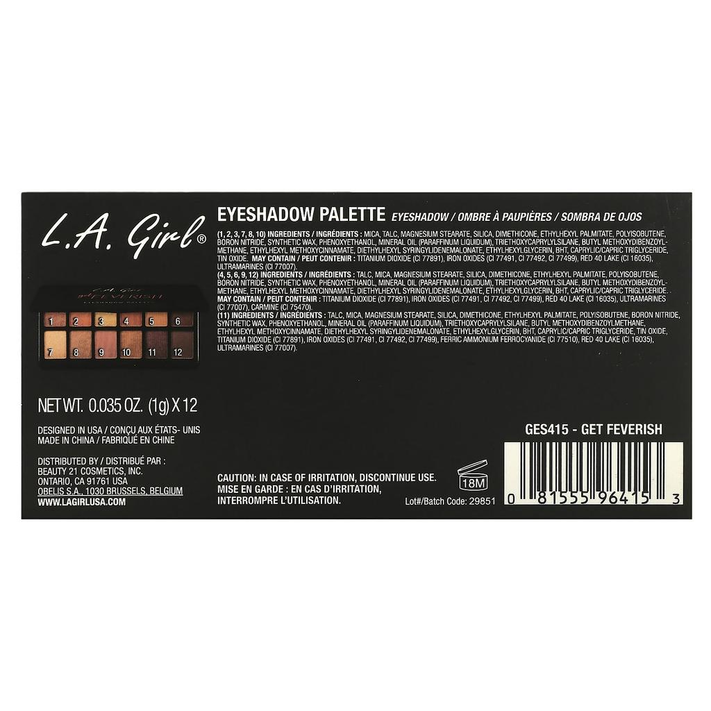 Лос-Анджелес. Girl, палетка теней для век, GES415 Get Feverish, 12 г (0,42 унции)
