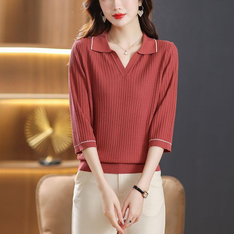 Трикотажный топ из ледяного шелка с лацканами для женщин, футболка со средним рукавом, трикотажная футболка с пятью рукавами на весну и осень