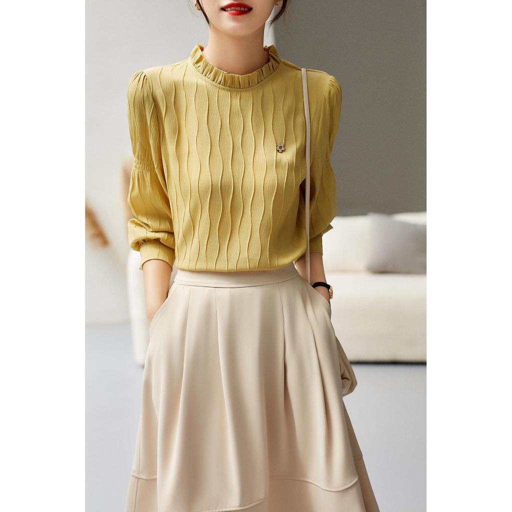 Весна и Осень Волнистый Узор Текстура Чувство Дизайна Деревянное Ухо Маленький Воротник-стойка Рубашка Французский Пуловер Маленькая Рубашка Женская