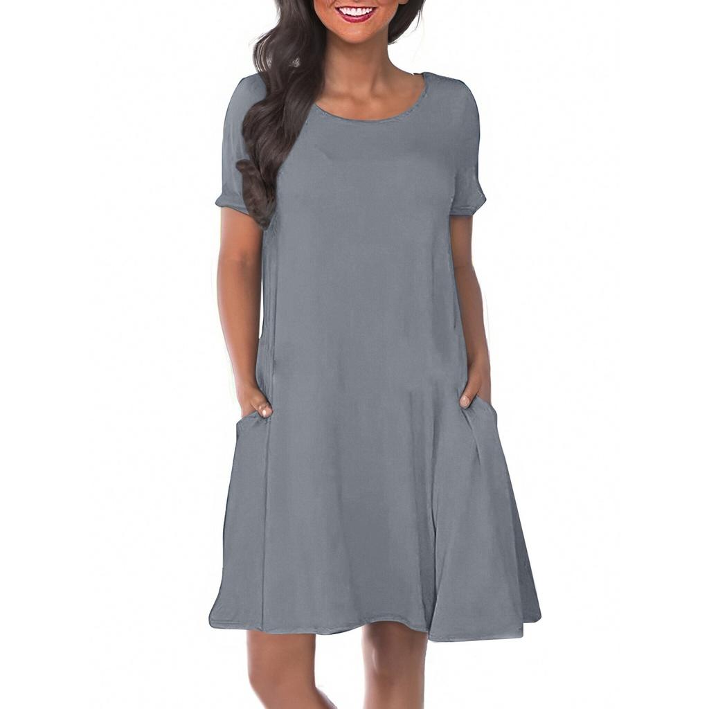Women's Solid Color Round Neck Solid Color Casual Pocket Short Sleeve Swing Dress