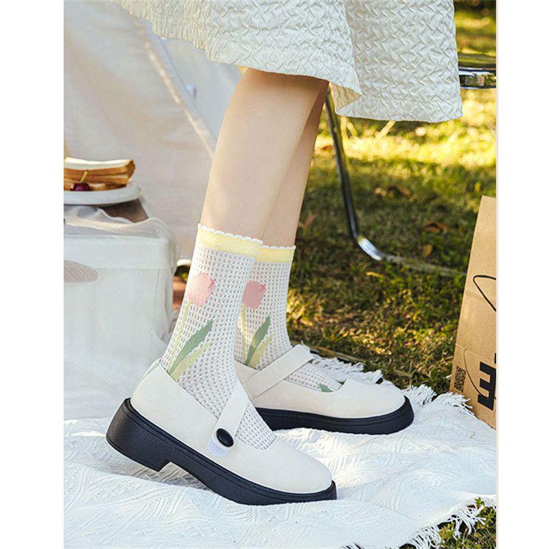 Носки для экипажа, женские повседневные милые носки в стиле ретро, ​​женские носки, модные летние длинные носки в стиле Харадзюку, дышащие сетчатые носки с цветочным принтом