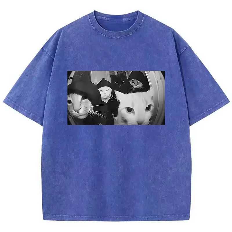 Trendy T Shirt Vintage Washed 100% Cotton T-Shirt Streetwear Smoking Cat Graphic Tee Casual Streetwear Spring Summer2
