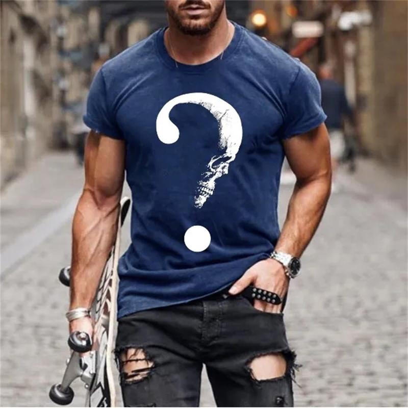 Летняя мужская повседневная футболка с рисунком черепа, футболки с коротким рукавом, белая футболка с забавным принтом вопросительного знака, уличная дышащая футболка