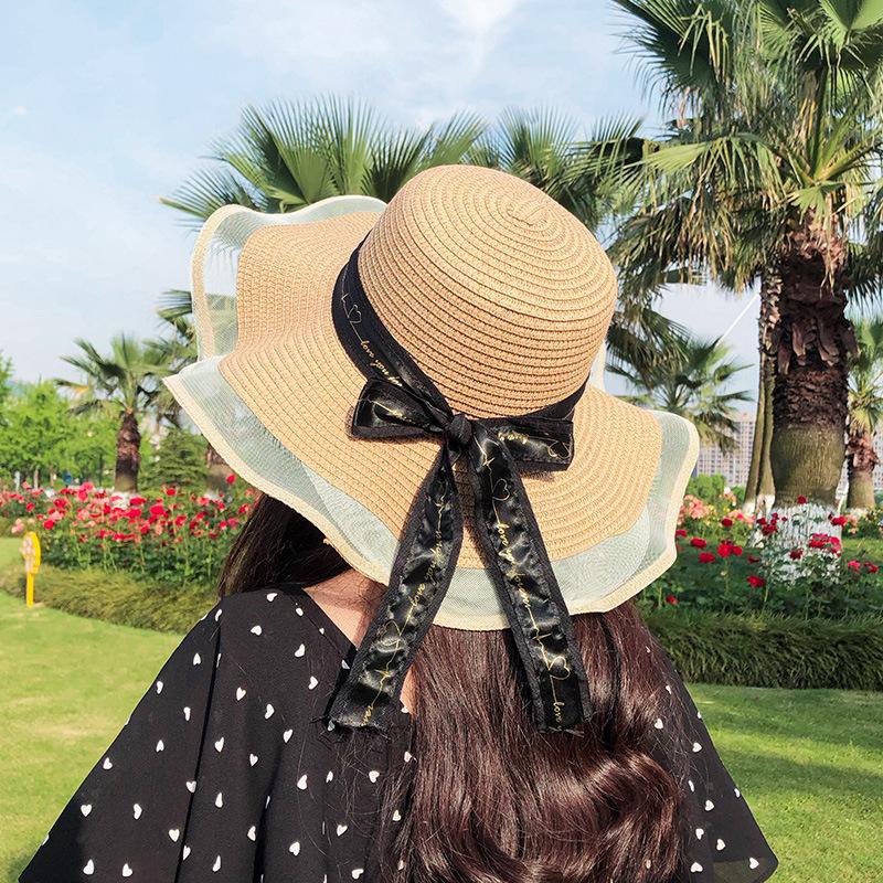 New Female Net Yarn Straw Hat Outdoor Hat Beach Hat Sun Straw Hat Wide Brim Floppy Hat