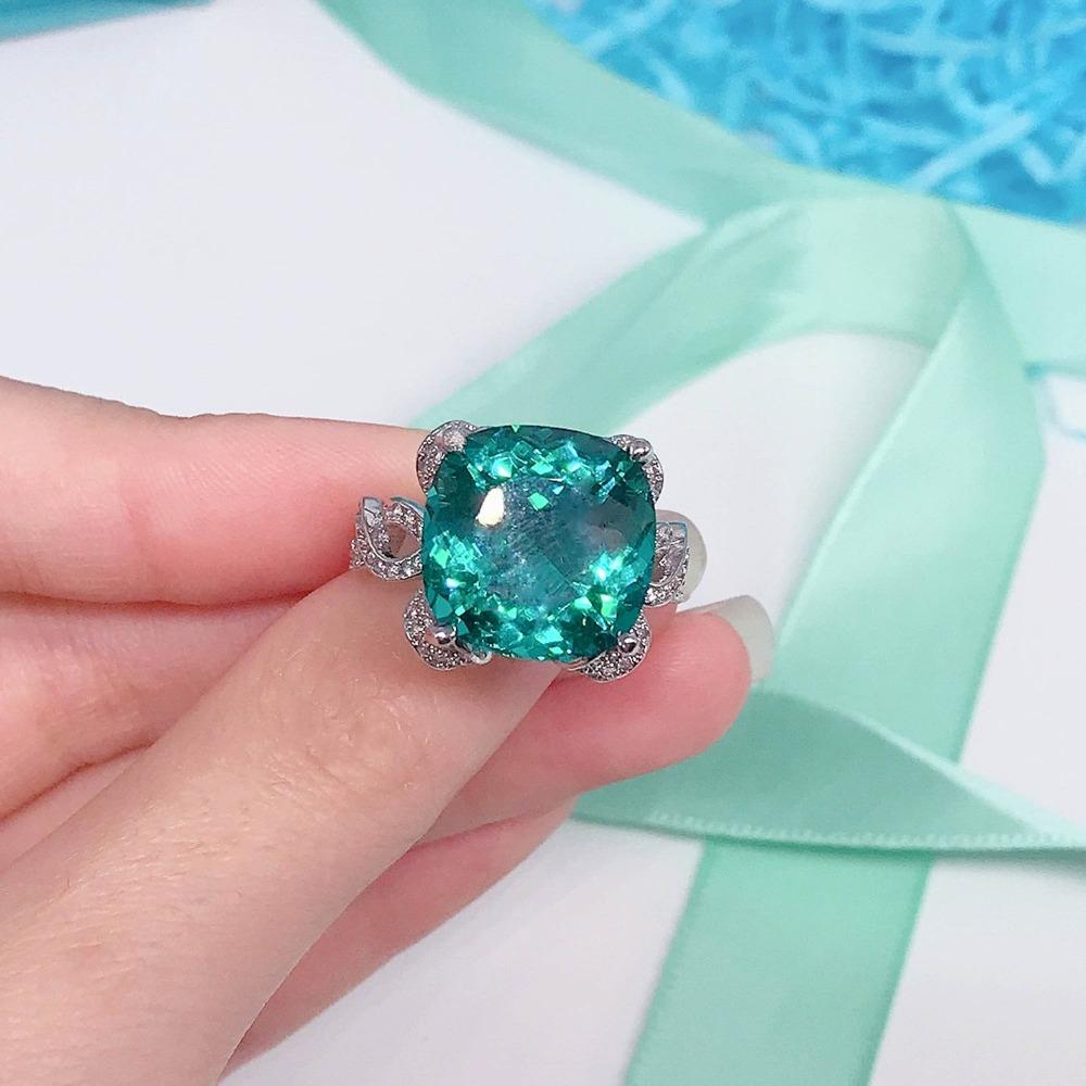15ct Simulated Aquamarine Topaz Ring for Women Imitation Emerald Square Gemstone Jewelry