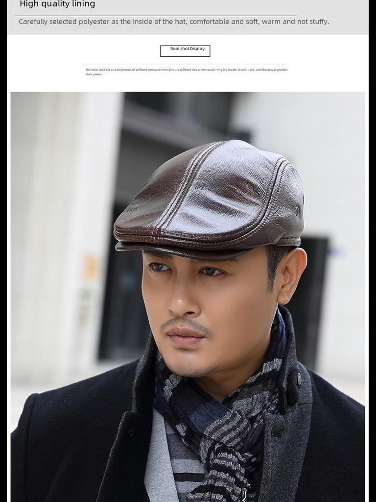 Men's Genuine Leather Duckbill Hat – Stylish, Warm, Thickened Cowhide Beret for Middle-Aged and Elderly (Autumn/Winter)