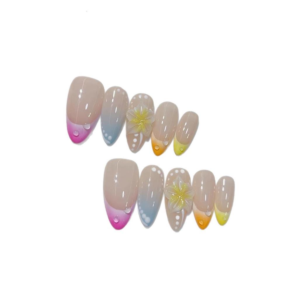 New Summer Almond Nail Patch 3D Flower Light Luxury Gradient Wearable Nails Pure Handmade Nail Stickers
