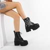 Gdgydh Women Punk Boots PU Leather Embroidered Spider Web Design Shoes Cool Retro Chunky Wedges Platform Boots Lace Up
