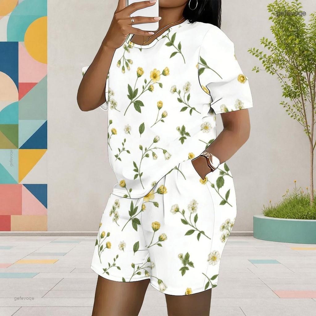 Women Plus Size Yellow White Printed Round Neck Short Sleeve Top Pocket Shorts Two Piece Set