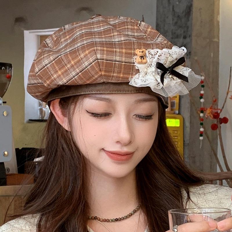 Осенний ретро берет в клетку с бантом в виде медведя, восьмиугольная шляпа, подчеркивающая лицо, шляпа маленького художника, женская