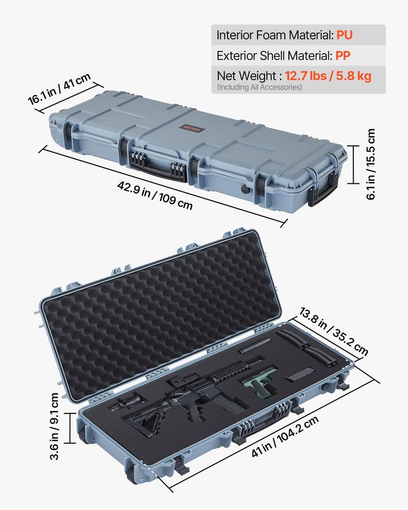 VEVOR Hard Rifle Case, Lockable Rifle Case with Pre-cut Foams, 109 cm Movable Gun Storage with Wheels