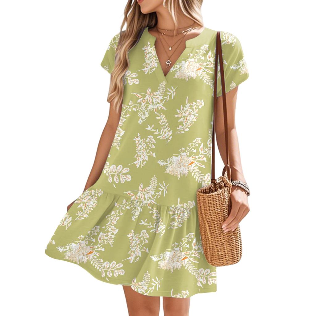 Женские платья с коротким рукавом и V-образным вырезом с цветочным принтом Свободные повседневные пляжные платья в стиле темперамент