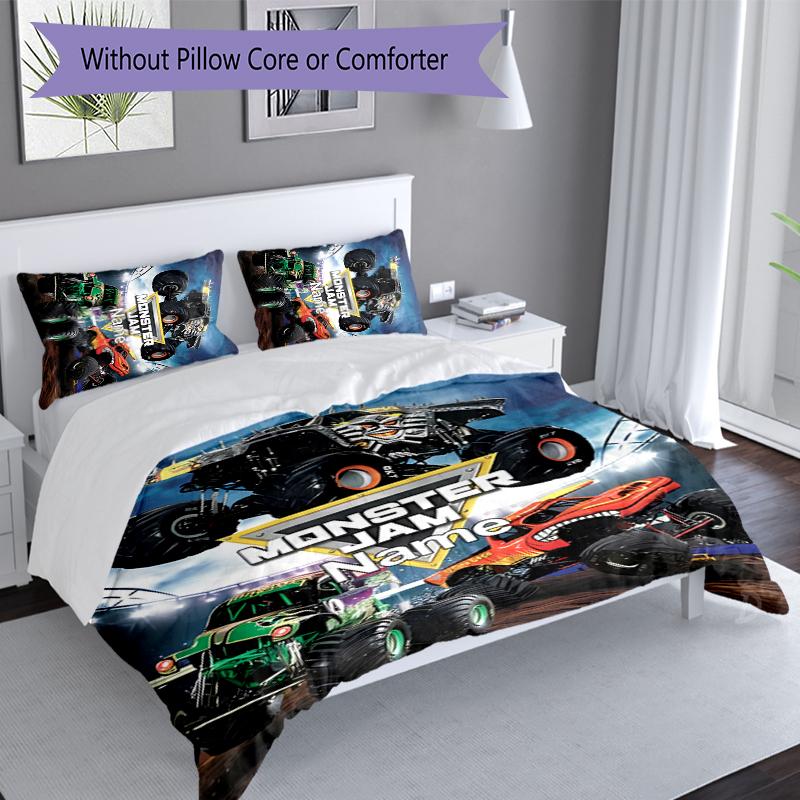 3pcs Custom Name Monster Jam Set,Includes 1 Duvet Cover and 2 Pillowcases,All-season Bedroom Decor