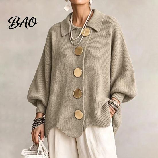 Spring Autumn Sweater Women Oversized Knit Cardigan Sweater, Collared Top with Large Metal Casual Buttons, Loose Lantern Sleeve for Soft Skin Friendly