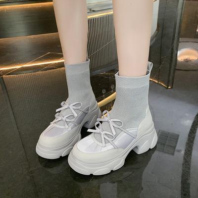 2025 осень новые вязаные эластичные ботинки на толстой подошве с увеличением высоты женская обувь легкие универсальные дышащие повседневные универсальные ботинки-носки
