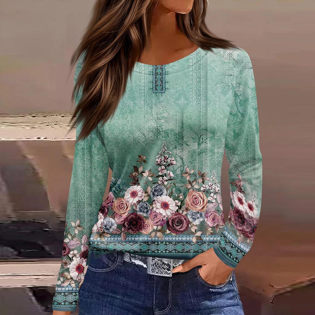 Women's Fashion Casual Slit Hem Round Neck Long Sleeve Loose  Printed T-Shirt Ladies Top