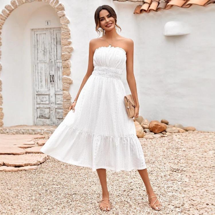 Women Summer Casual Sleeveless Strapless A-Line High Waist Solid Color One Collar Dresses Spring S-XL Middle Long Dress