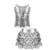 Детский танцевальный наряд из двух предметов для девочек, блестящие топы на бретельках с блестками и многоярусные шорты с юбкой с рюшами, шорты-кюлоты