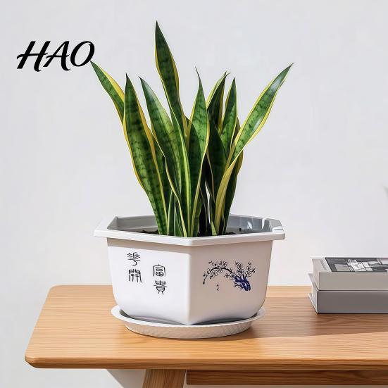 Lightweight Plastic Pots for Porch Hexagonal Flower Pot with Drainage Holes & Saucer Indoor Outdoor Plants, Durable Weather Resistant Spacious