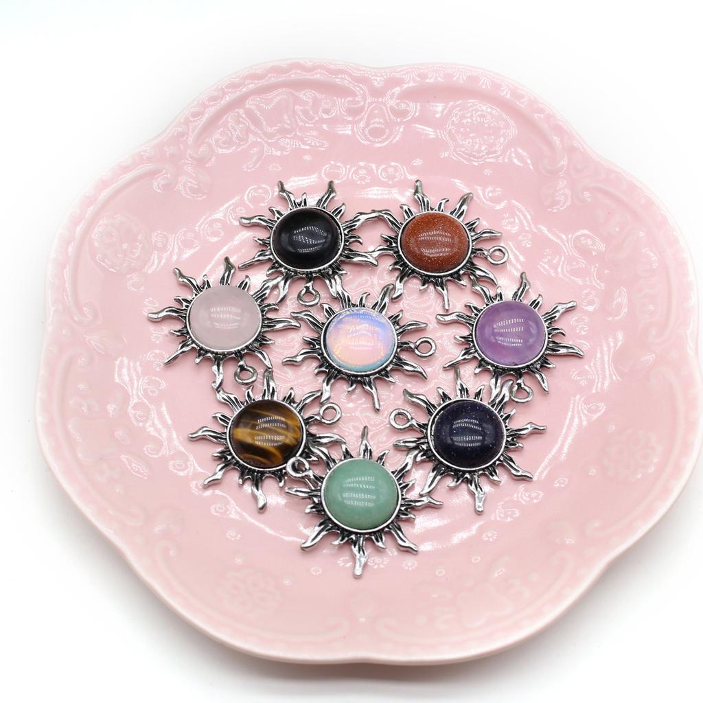 1 шт. модный кулон из натурального камня ручной работы в форме солнца кристалл розовый кварц зеленый авантюрин подвески для изготовления ювелирных изделий DIY аксессуары для ожерелья 35x40 мм