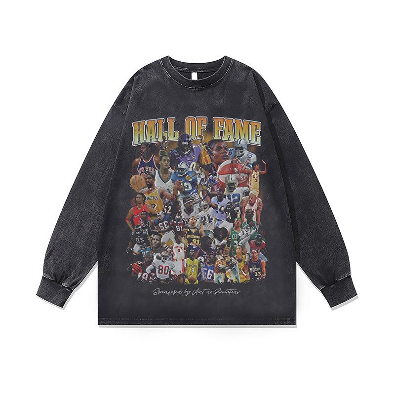 Стирка Ретро Стираная Толстовка с Круглым Вырезом Осень и Зима Новая Американский Хип-Хоп Нижний Слой с Длинным Рукавом Футболка для Мужчин и Женщин