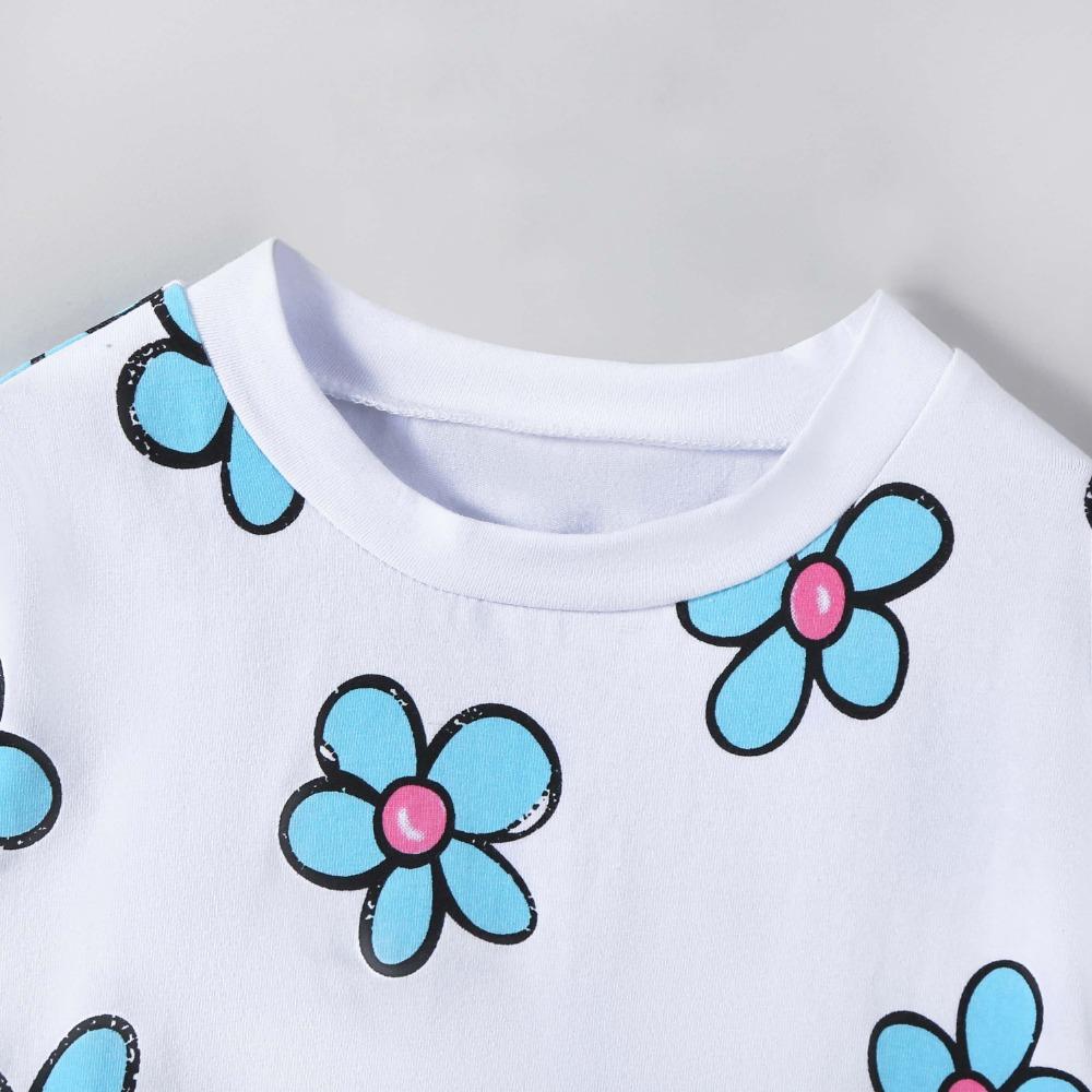 2-7 лет Топы из хлопковой смеси для девочек, повседневная детская футболка с милым цветочным принтом, летние детские футболки с круглым вырезом и короткими рукавами