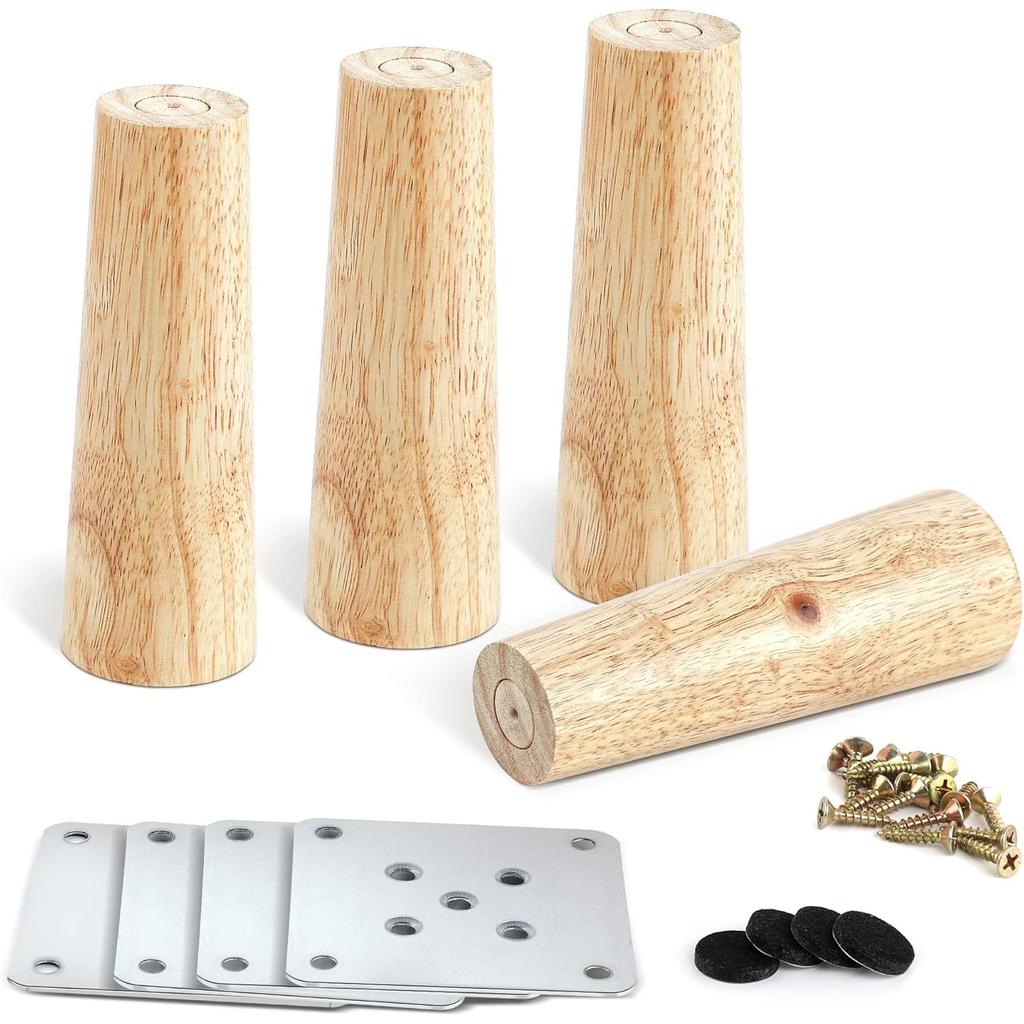 Pack of 4 Wooden Furniture Feet, Sofa Feet, 15 Cm Conical Replacement Table Legs, Furniture Legs with Mounting Plates & Screws for Sofa, Cabinet