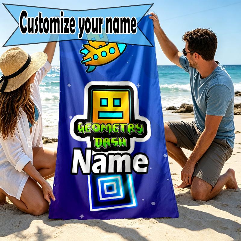 Custom Name Personalized Geometry Dash Print Beach Towel, for Trip Camping Beach Party Home Decor, Birthday Gift for Family & Friends