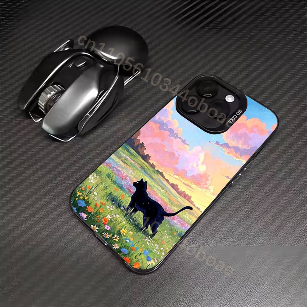Ретро Масляная Живопись Черная Кошка Чехол для Телефона Для iPhone 17,16,15,14,13,12,11,Pro,Max,Plus Мягкий Черный Чехол