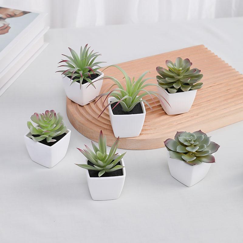 6PCS (УСТАНОВЛЕН) Мини Искусственный Суккулент Зеленое Растение Пластиковый Белый Горшок, Декор для Подоконника Дома, Стола Ресторана, Книжной Полки