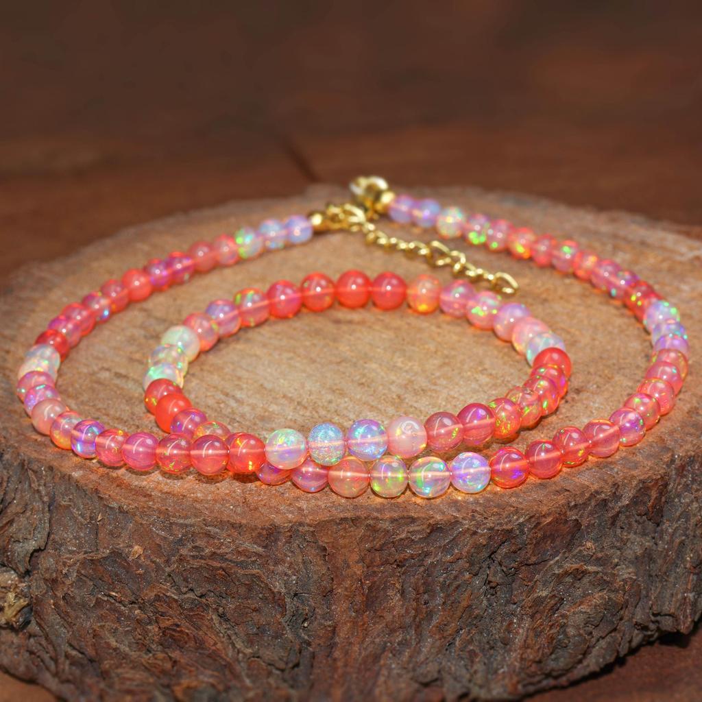 Red Shaded Opal Round Beads Handmade Necklace, AAA Genuine Round Opal Beaded Necklace, Handmade Necklace for Women, Birthstone Gift for Her