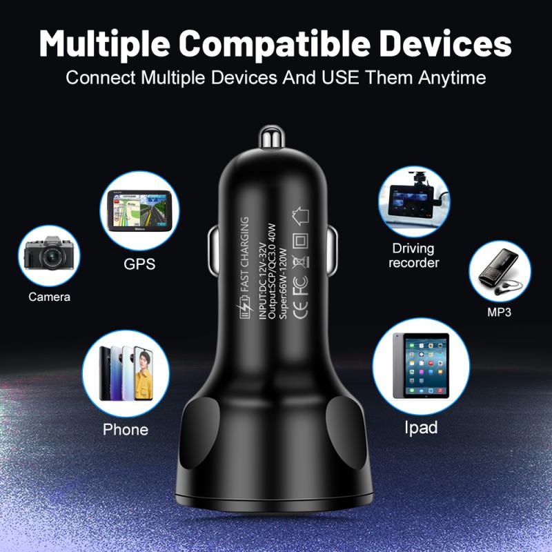 Usb автомобильное зарядное устройство для мобильного телефона, быстрая зарядка, 66 Вт, адаптер питания Super Qc3.0, 4 порта, автомобильное зарядное устройство для телефона Iphone, Xiaomi, Samsung