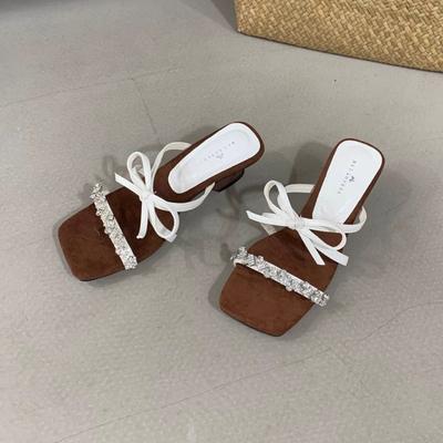 Туфли-шлепанцы с бантом из страз женские летние новые супер зарубежный стиль универсальные модные клиновидные каблуки высокие каблуки с юбкой обувь