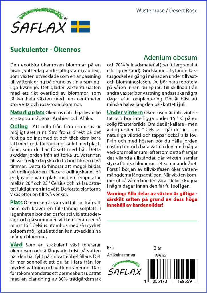 SAFLAX Garden in the Bag - Роза пустыни - 8 семян - С субстратом в подходящем пакете - Adenium obesum