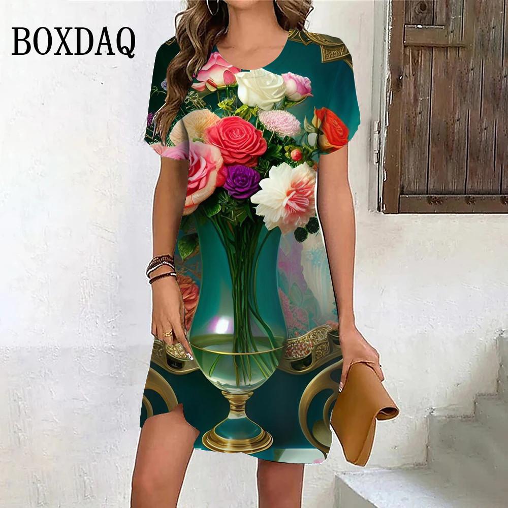 Летнее пляжное вечернее платье для женщин с принтом в виде роз в стиле тай-дай, повседневное платье с коротким рукавом и круглым вырезом, свободная женская одежда