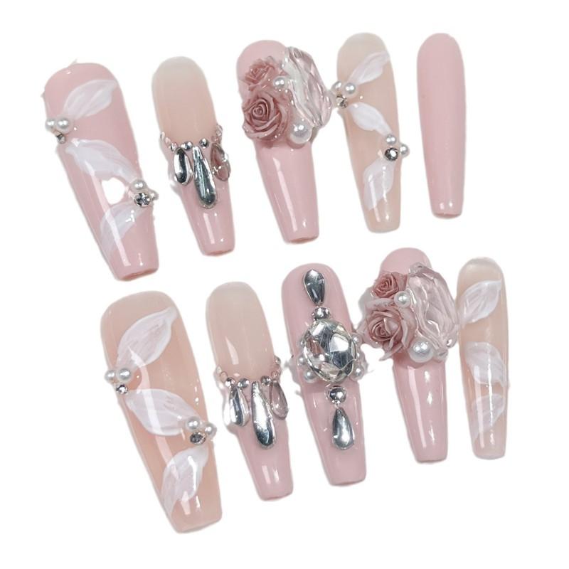 Long Press-On Nails With Rose Floral Design Elegant French Style Thin Invisible Tips Women