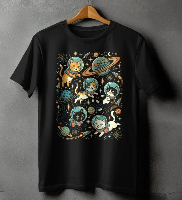 Funny Space Cats Astronaut T Shirt Retro Cat Galaxy Design Versatile Shortsleeved Tee Kawaii Casual Top for WomenGirls Unisex